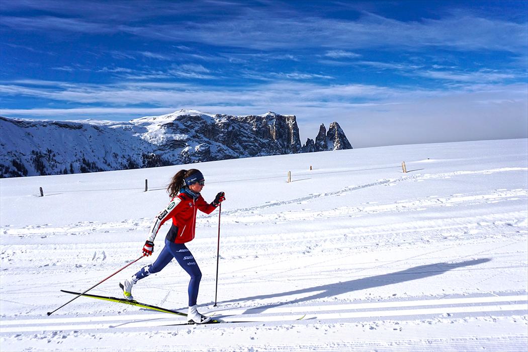 A high-altitude plateau in the Italian village of Seiser Alm is one of the most stunning locations where Caitlin has skied. 