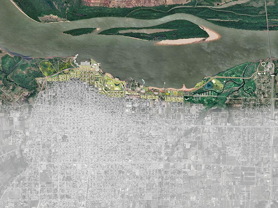 The plan focuses on the transformation of a vulnerable 350-hectare area along the Uruguay River (the colored area).