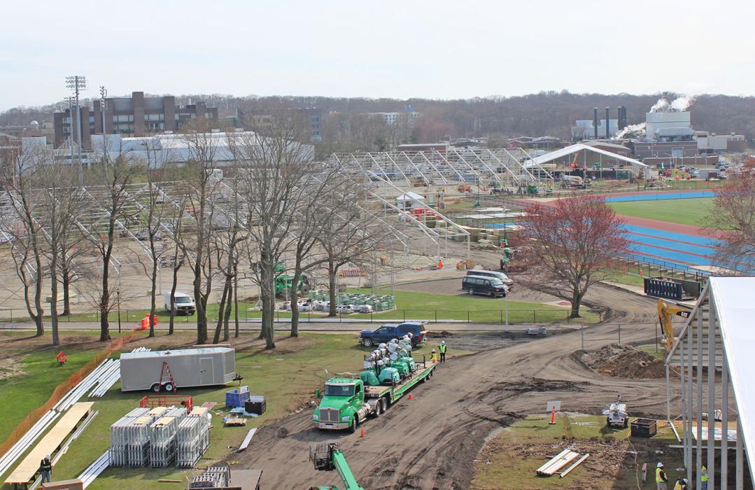 SUNY Stony Brook Alternate Care Facility, aerial view during construction.
