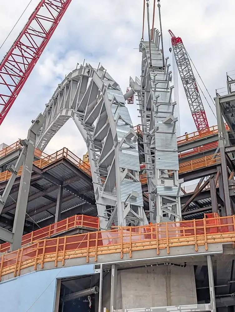 When complete, the roof structure will rise 290 feet above the playing field.