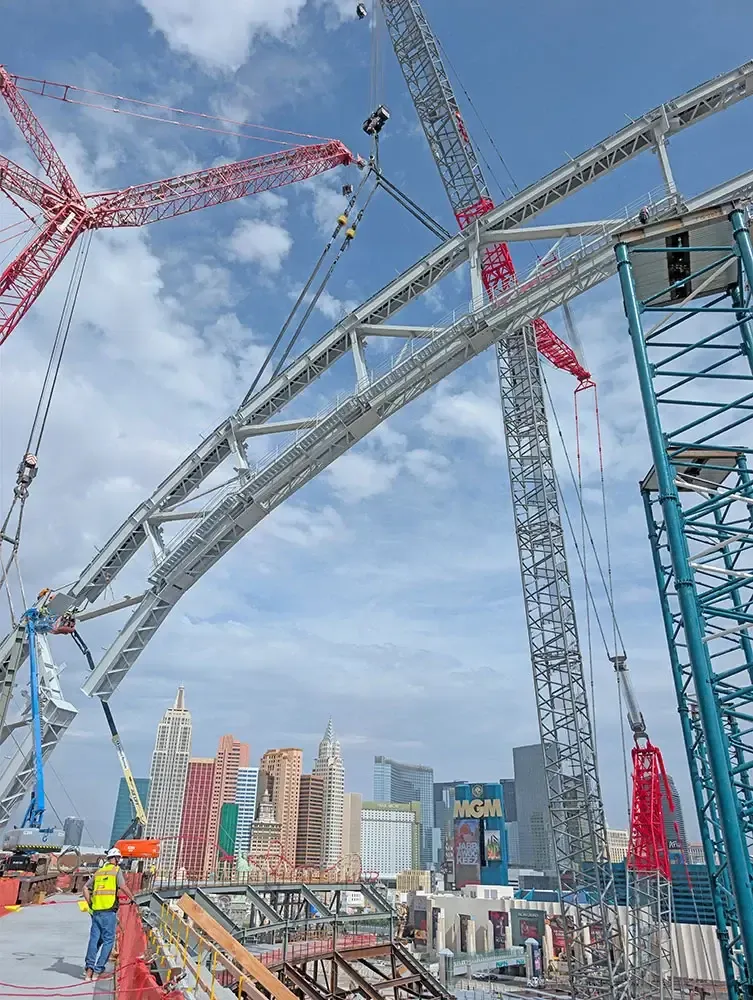 The completed arch spans nearly 700 feet across the playing field and reaches the second-highest point of the 33,000-seat ballpark.